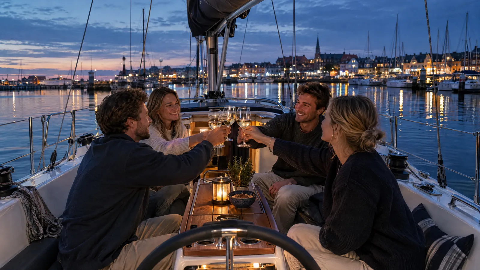 Vier Freunde stoßen am Abend im Cockpit einer Segelyacht an, hinter ihnen leuchtet der Hafen